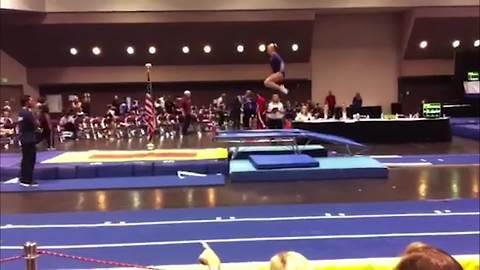 "A Young Gymnast Girl Does A Trampoline Trick But Fails"