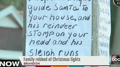 Brandon family posts signs to Christmas light thieves