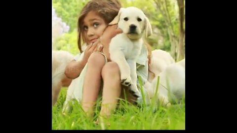 Child playing with dog