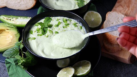 Cold Avocado Soup with Lime Jalapeño and Mint. No cooking. Gluten free