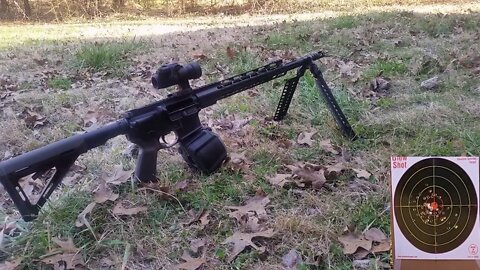 D60 drum, M60 bipod, Echo Sport: Firing prone bipod-supported