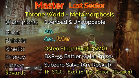 Destiny 2 Master Lost Sector: Throne World - Metamorphosis 4-26-22