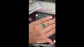 2.98ct Emerald cut diamond emerald cut Colombian emerald three stone statement engagement ring 14K