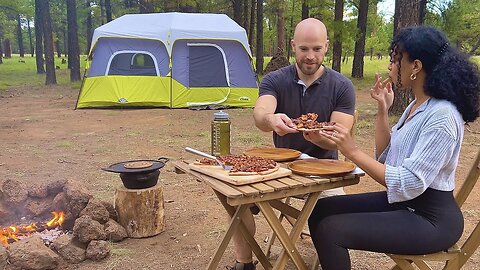 Tent Camping in Forest - Pizza on Campfire