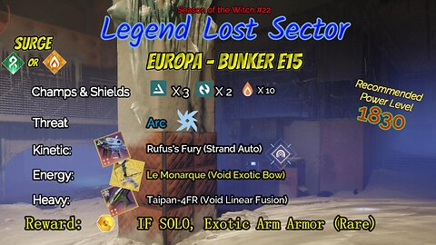 Destiny 2 Legend Lost Sector: Europa - Bunker E15 on my Arc Warlock 9-9-23