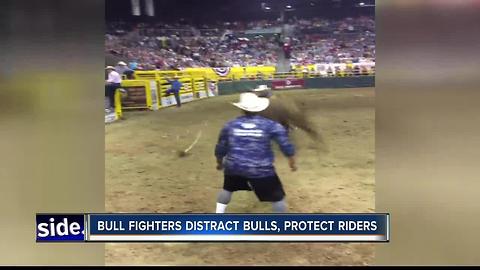 Bull fighting duo distracts bulls, protects riders