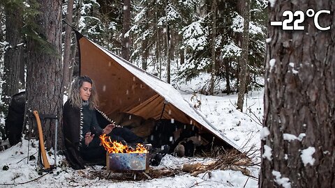 24hr VERY COLD SOLO WINTER Camp Below -20°c, Wind Storm, Oilskin Tarp, Wool Blanket