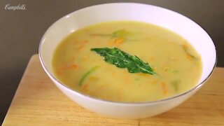 Cream of Corn with Sautéed Pumpkin and Carrot Flower