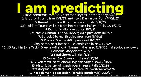 I am predicting: Harris crash 10/17; dirty bomb NYC 12/2; Trump death 11/7; Israel bomb Iran 10/9