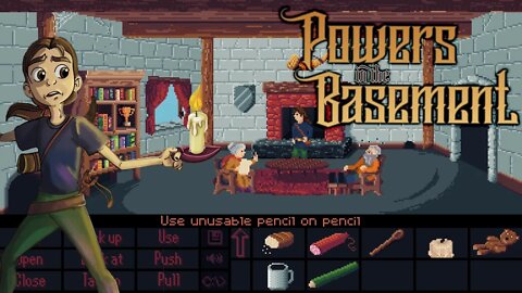 Powers in the Basement - An Elusive Heavy Metal T-Shirt (Retro 9-Verb Point-&-Click Adventure)