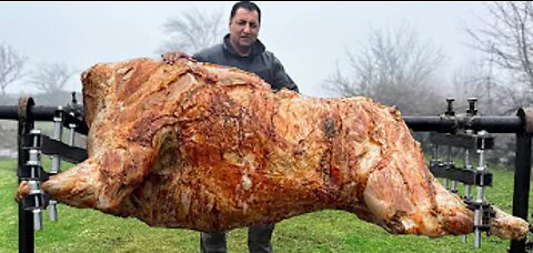 Nature Food Roasting a Huge Bull on a Steel Spit! The Best Meat I've Tasted