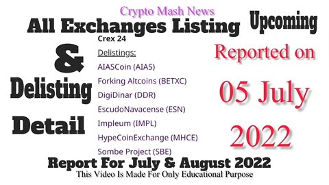 All Crypto Exchanges Listing and Delisting Announcements: For Month Of July 2022 #cryptomash