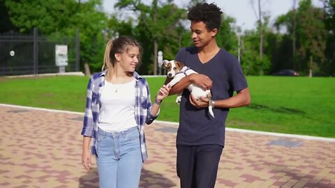 Cute multiethnic couple walking together in park enjoying the day. African boy is holding cute litt