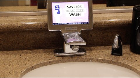 A commercialized hand washing stations in the restroom at the MGM in Las Vegas.