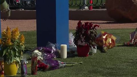 Flowers gathered at Welcome to Fabulous Las Vegas sign