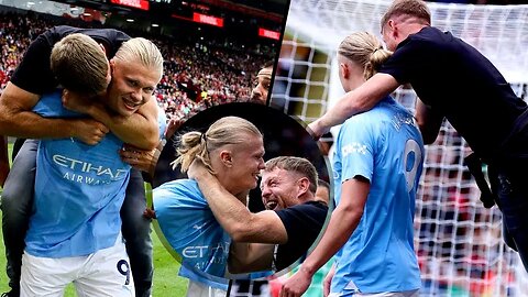 Former Boxer Jumps on Erling Haaland's Back & KISSES his Cheek after Invading the Pitch to Celebrate