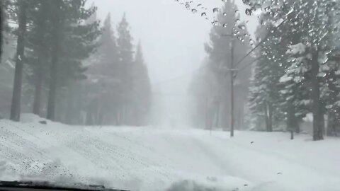 Driving on Highway 50 in Snow Away from South Lake Tahoe.