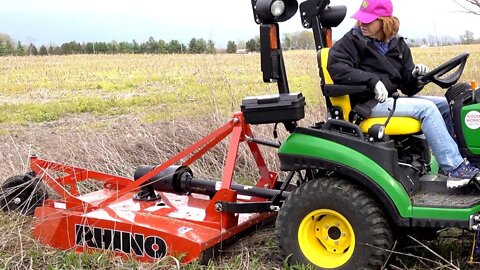 Christy Manhandles The Rhino! Deere 1025R with 4' Rotary Mower