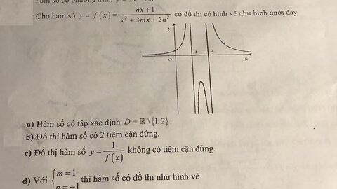 Toán 12: Tiệm cận: Nhận định đúng/sai: Cho hàm số y=f(x)=nx+1/(x^2+3mx+2n^2) có đồ thị