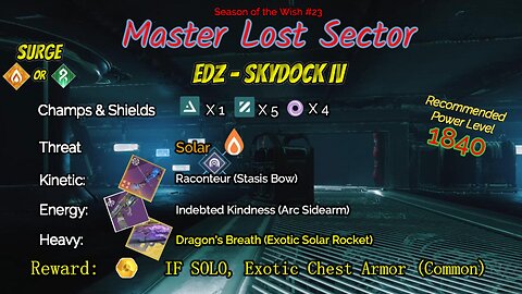 Destiny 2 Master Lost Sector: EDZ - Skydock IV on my Solar Warlock 3-26-24