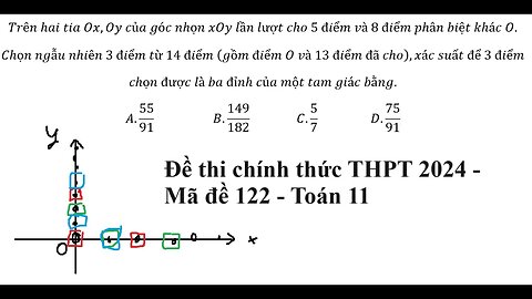 Chính thức 2024: Mã đề 122: Trên hai tia Ox,Oy của góc nhọn xOy lần lượt cho 5 điểm và 8 điểm phân