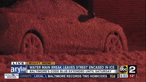 Street frozen, cars trapped in ice after water main break in Fells Point