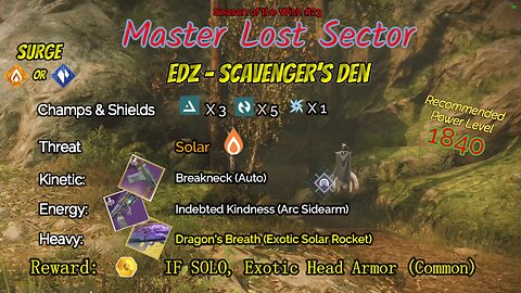 Destiny 2 Master Lost Sector: EDZ - Scavenger's Den on my Void Hunter 4-16-24