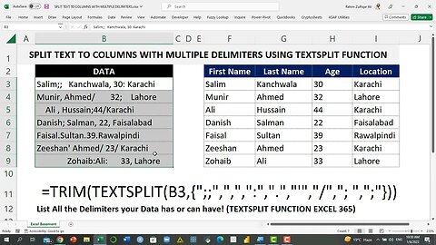 How to Split Text to Columns in Excel with Multiple Delimiters using TEXTSPLIT in Excel Formula