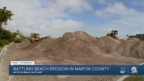 Crews busy shoring up dune on Bathtub Beach after Tropical Storm Eta