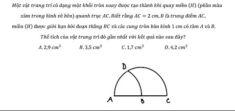 Một vật trang trí có dạng một khối tròn xoay được tạo thành khi quay miền (H) (phần màuxám trong