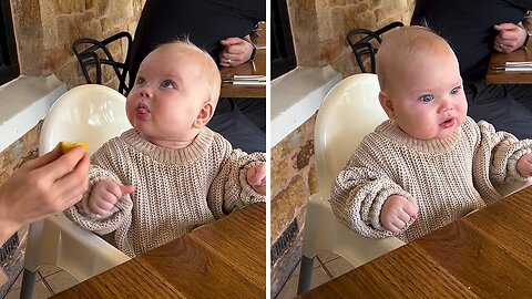 Adorable baby makes a funny dance after tasting a lemon