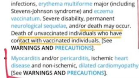 Smallpox VACCINE insert ADMITS DEATH of UNVACCINATED individuals who have CONTACT with VACCINATED!!