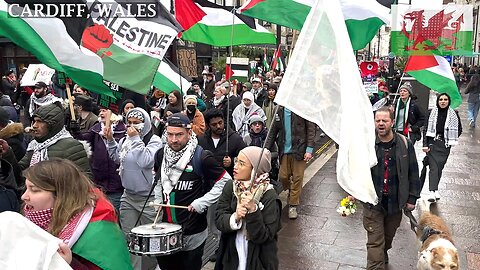 International Women’s Day by standing in solidarity with women in Gaza, St Mary Street, Cardiff