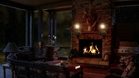 by the fireplace as it storms