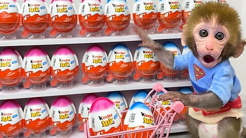 Monkey Baby Bon Bon doing shopping in Kinder Joy eggs store and eat Chocolate with the puppy