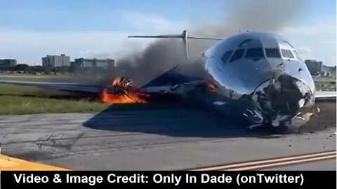 Plane Catches Fire After Crash Landing In Miami (Video Clip Footage)