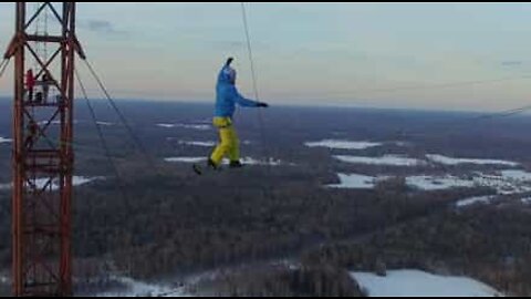 Daredevil slacklines between Russia's highest tower