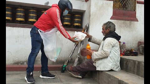 Feeding homeless people in the street | feeding monkey dog and birds | helping poor people & animals