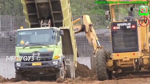 Excavator Dump Trucks Motor Grader Compactor Busy Working On Toll Road Construction