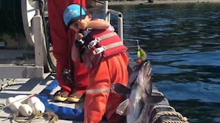 3-year-old can't believe he caught a fish!