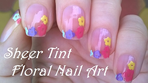 Sheer Pink Floral Nail Art Design By Dotting Tool