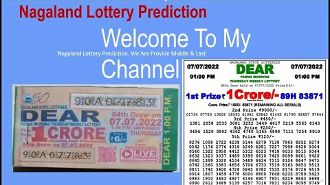 Nagaland Lottery Prediction 11-07-2022, All Middle & Last Two Digit Hit In 10-07-2022.