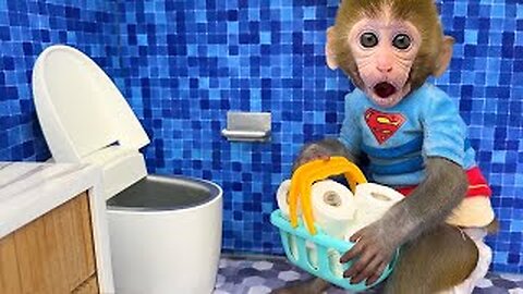 Monkey Bon Bon buys toilet paper and eats a banana with a puppy and a duck in the garden