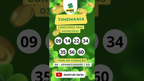 🍀 Resultado TIMEMANIA 1945 | 03/06/23 | Sentindo Sorte #shorts