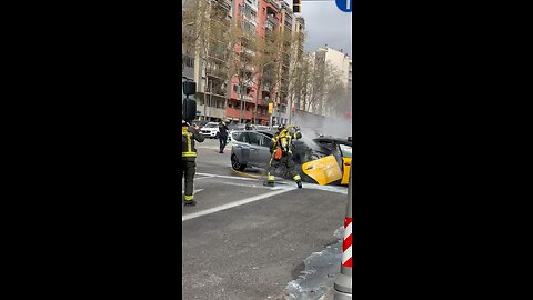 Burning taxi in Barcelona