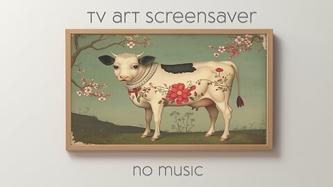 TV Frame Art Screensaver | Whimsical Tattooed Cow and Blossoms