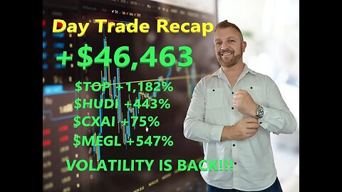 Day Trade Recap +$46,463 $TOP +1182% $HUDI +443% $MEGL +547%