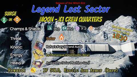 Destiny 2 Legend Lost Sector: Moon - K1 Crew Quarters on my Solar Warlock 11-12-23