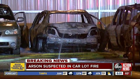 Arson suspected in car lot fire in Tampa