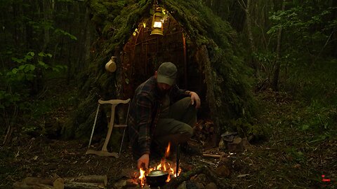 Building a Survival Shelter in a Forest - Camp food from natural herbs